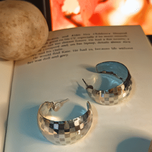 Silver hoop earrings (checkers pattern)